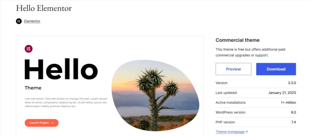 Hello elementor wordpress theme