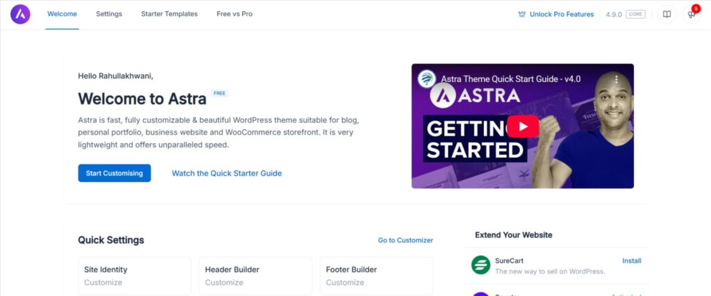 Astra theme welcome screen