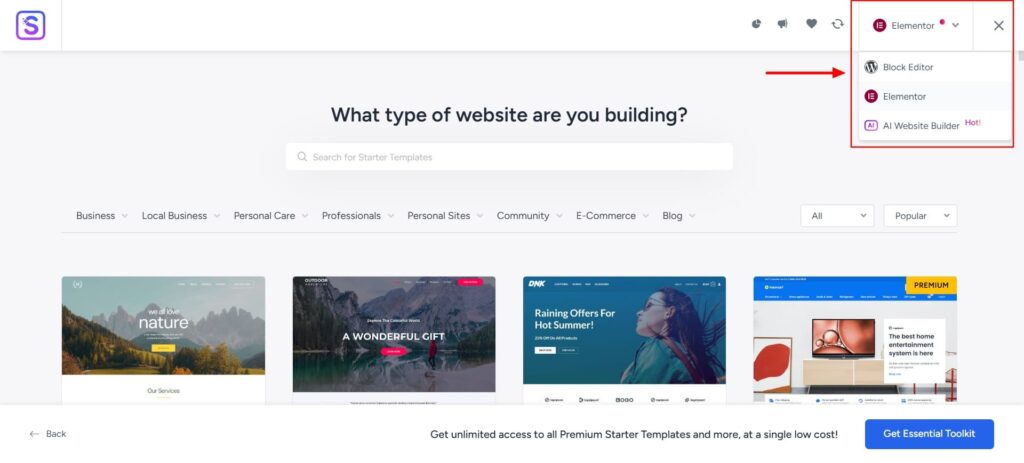 Astra starter templates page builder options