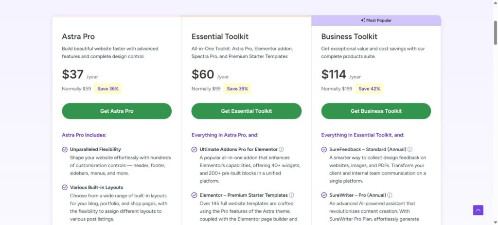 Astra theme Pricing plans