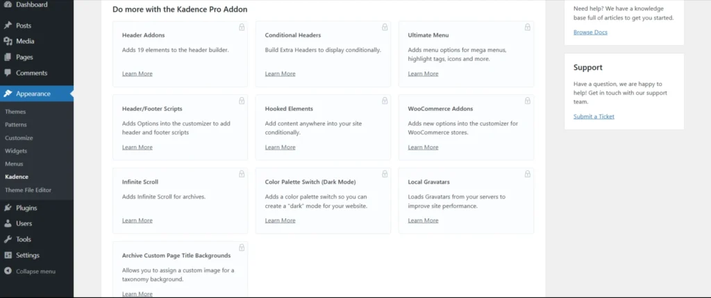 Kadence Pro features