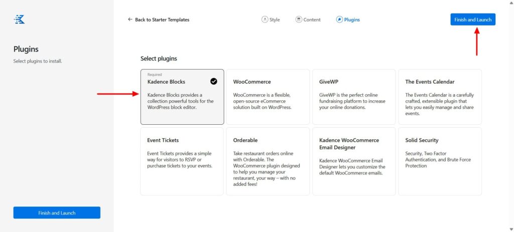 Kadence blocks selection screen