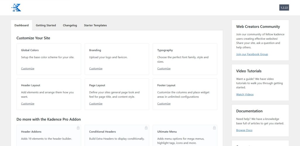 Kadence theme welcome screen
