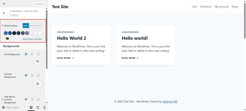 Kadence theme global color palette