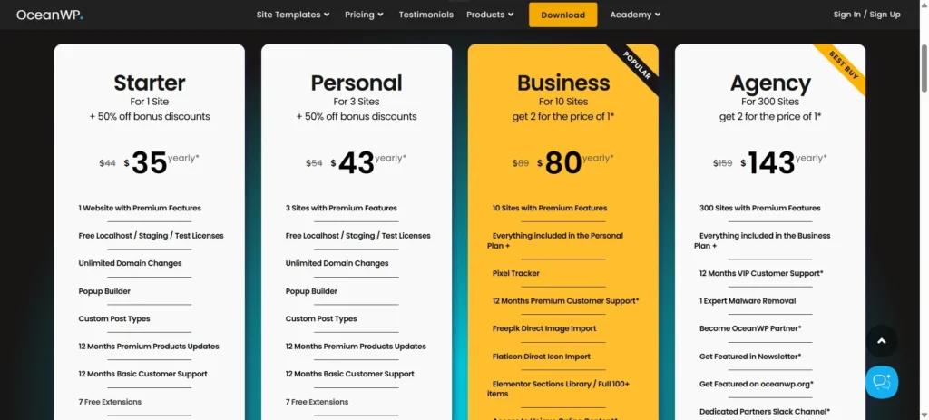 OceanWP Pricing plans