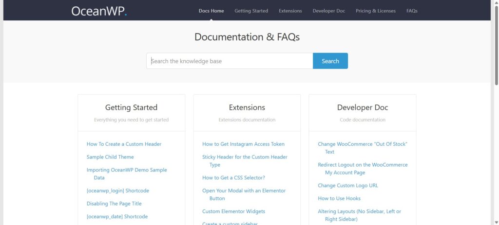 OceanWP docs and customer support