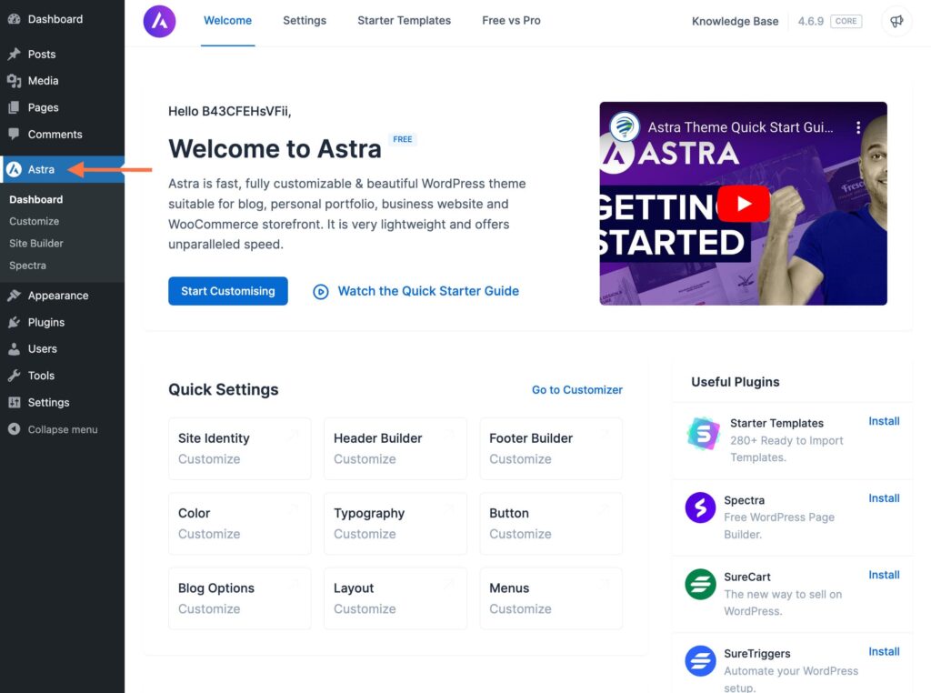 astra welcome screen