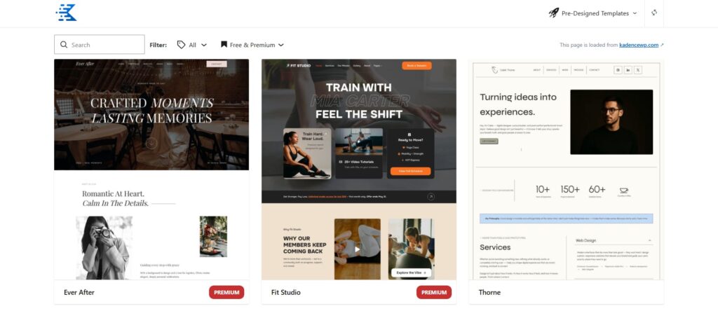 Kadence starter templates main screen