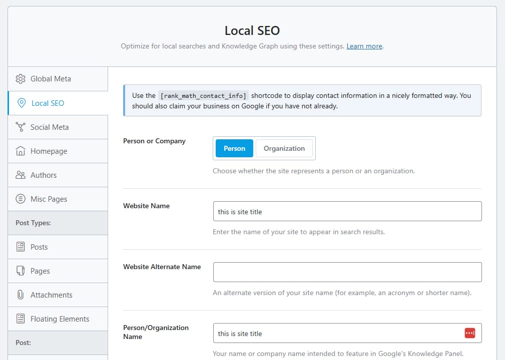Rank Math Local SEO module
