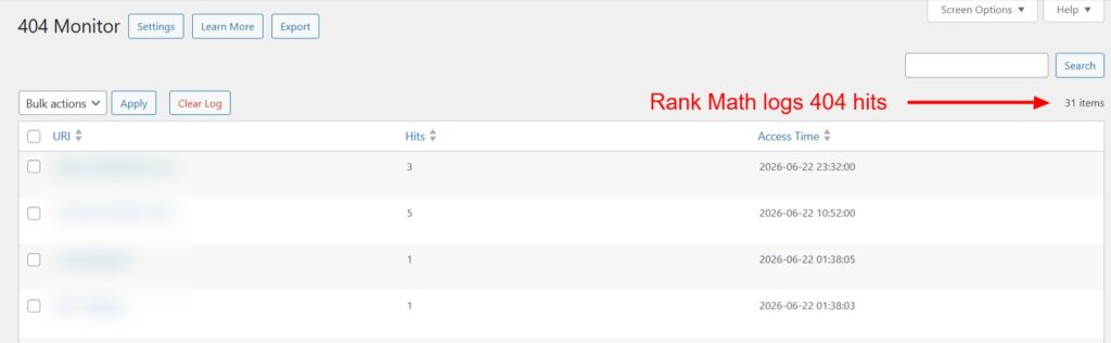Rank Math 404 hit log
