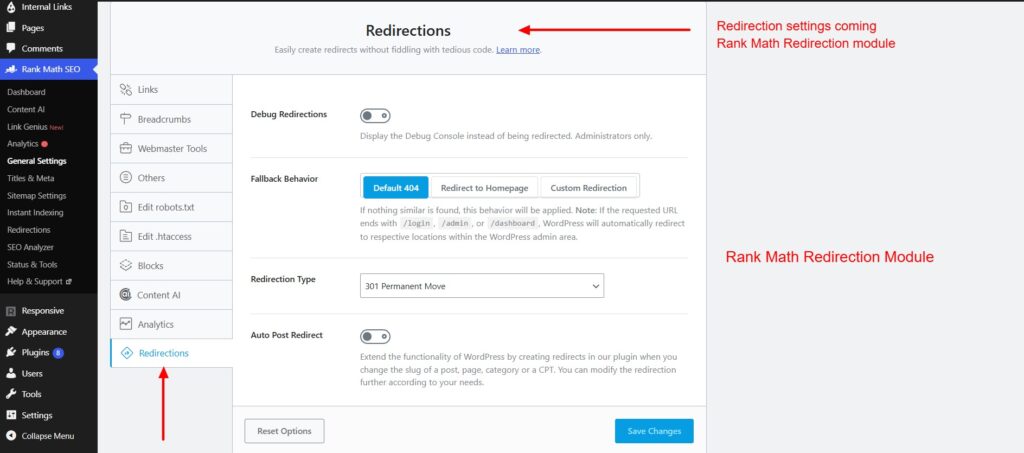 Rank Math redirection module settings