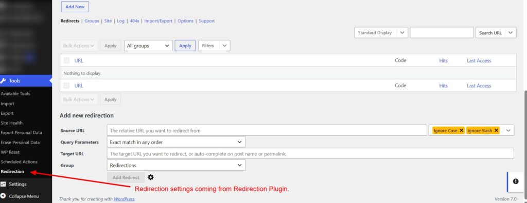 redirection settings coming from redirection plugin